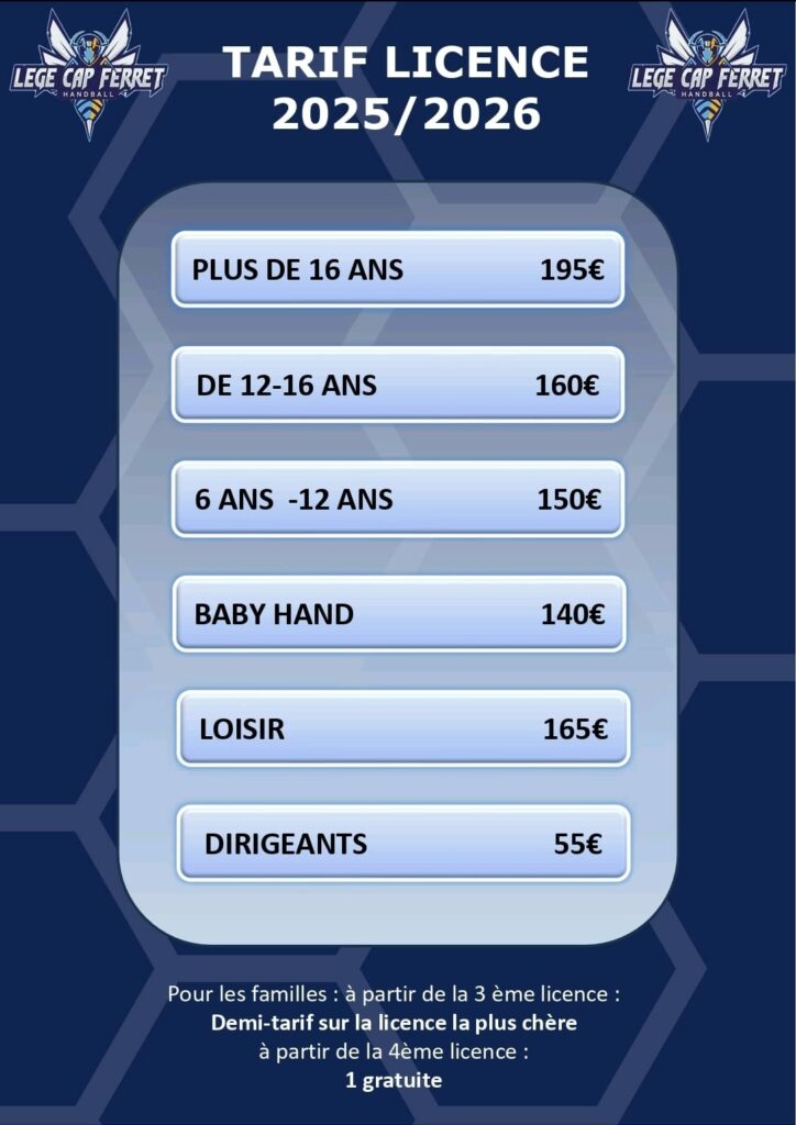 Tarifs licence 2025-2026